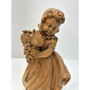 Vintage 1960s Hand Carved Wood German Oberammergau Girl Holding Grapes‎ Numbered